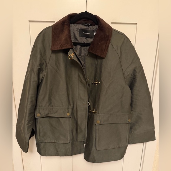 Tahari Taylor barn jacket green cotton-blend corduroy collar gold toggles Medium - Picture 8 of 13